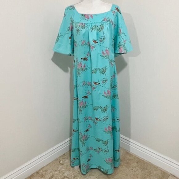 Vintage Pomare Hawaiian Maxi Dress Blue w/ Floral & Bird Print - Picture 1 of 6